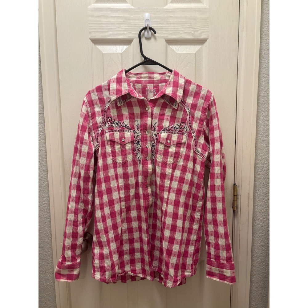 Rock 47 by Wrangler Pink Gingham Western Snap Shirt Embroidery Rhinestone Large